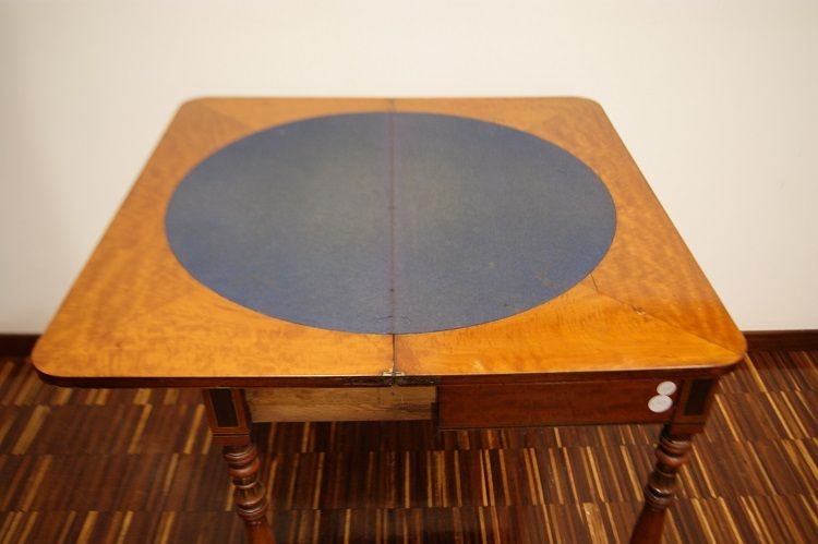 Tavolino da gioco inglese della prima metà del 1800 stile Sheraton, in legno Satinwood-photo-3