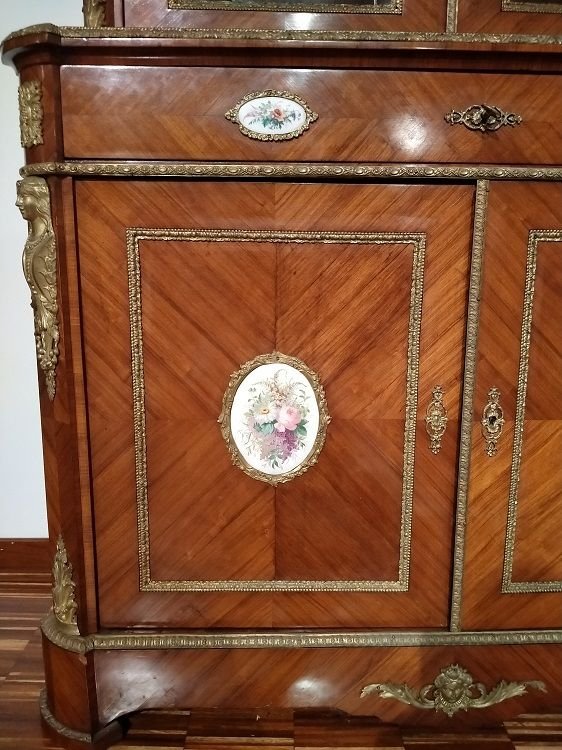 Splendida vetrina francese, doppio corpo della prima metà del 1800 in bois de rose-photo-1