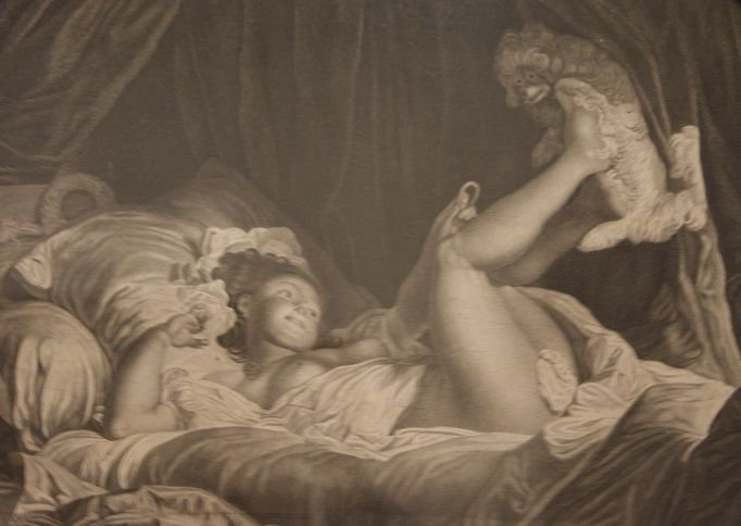 Antica stampa francese di fine 1800 raffigurante una giovane don na seminuda che gioca su di un-photo-3