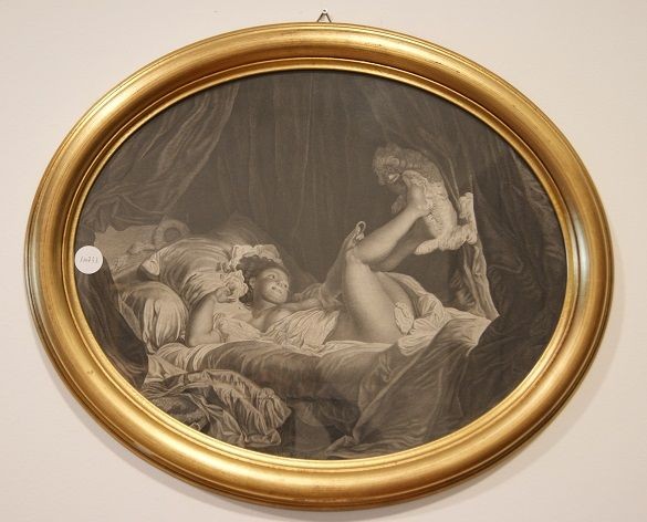 Antica stampa francese di fine 1800 raffigurante una giovane don na seminuda che gioca su di un