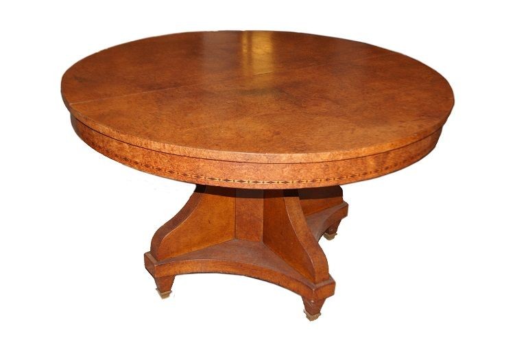 Tavolo allungabile Austriaco della prima metà del 1800, stile Impero, in legno di maples