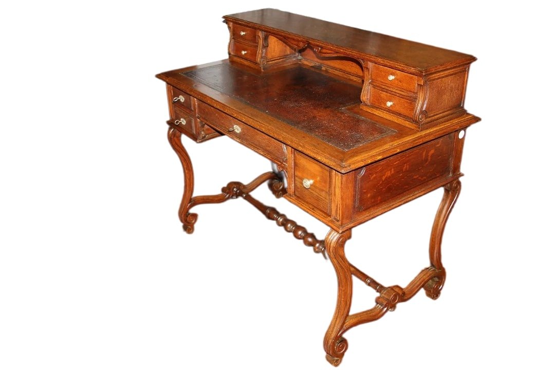 Scrittoio rustico francese di inizio 1800 in legno di rovere. Presenta piano in pelle, alzatina-photo-2