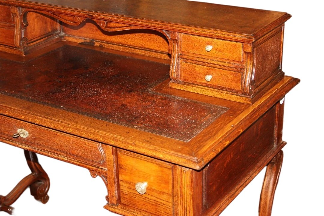 Scrittoio rustico francese di inizio 1800 in legno di rovere. Presenta piano in pelle, alzatina-photo-3