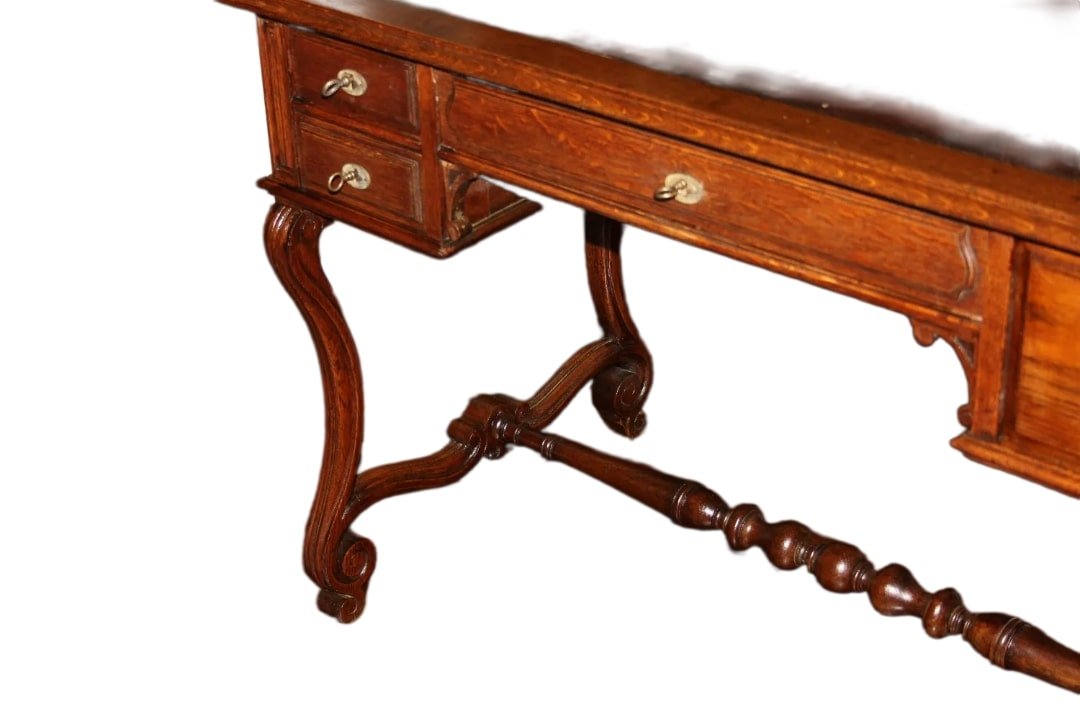 Scrittoio rustico francese di inizio 1800 in legno di rovere. Presenta piano in pelle, alzatina-photo-4