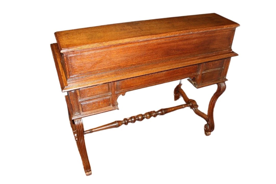 Scrittoio rustico francese di inizio 1800 in legno di rovere. Presenta piano in pelle, alzatina-photo-2