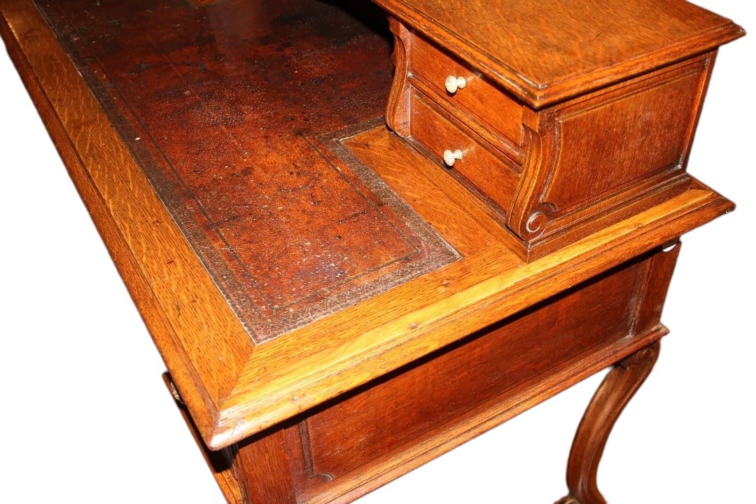 Scrittoio rustico francese di inizio 1800 in legno di rovere. Presenta piano in pelle, alzatina-photo-3