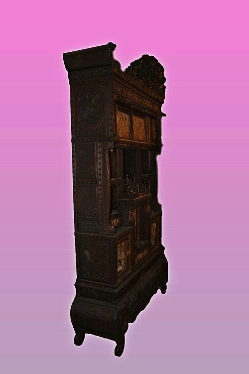 Grande maestosa credenza cinese di metà 1800 in legno, con pannelli decorati con applicazioni-photo-2
