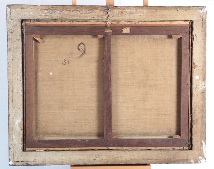 Olio su tela italiano della prima metà del 1700, raffigurante paesaggio con 3 personaggi -photo-3