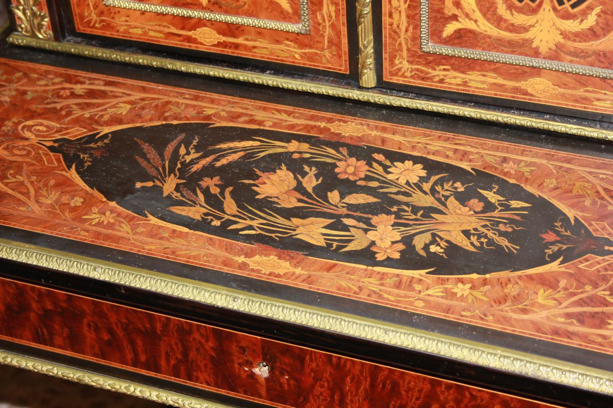 Cabinet credenzino francese di metà 1800, stile Luigi XVI, in radica maples e ebano riccamente -photo-2