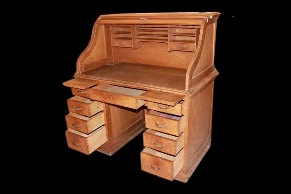 Scrivania a rullo americana di inizio 1900, in legno di rovere-photo-2