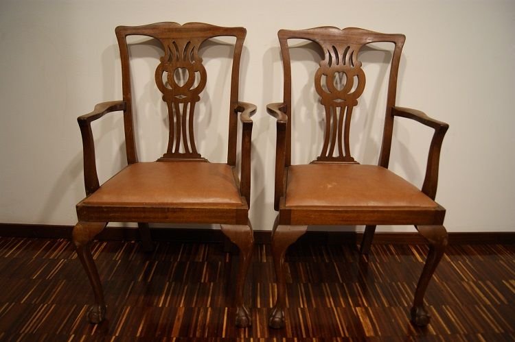 Gruppo di 2 capotavola inglesi di inizio 1900 stile Chippendale in legno di mogano con seduta-photo-2