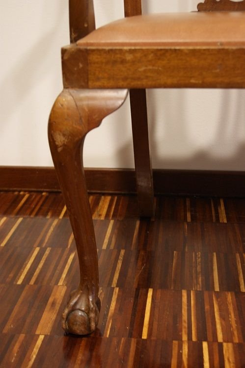 Gruppo di 2 capotavola inglesi di inizio 1900 stile Chippendale in legno di mogano con seduta-photo-3