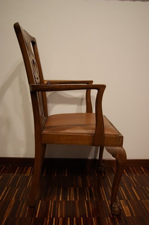 Gruppo di 2 capotavola inglesi di inizio 1900 stile Chippendale in legno di mogano con seduta-photo-4