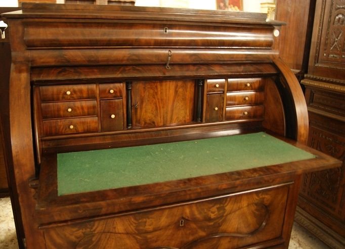 Comò a rullo Nord Europa, della prima metà del 1800, stile Biedermeier in mogano e piuma di mog-photo-1