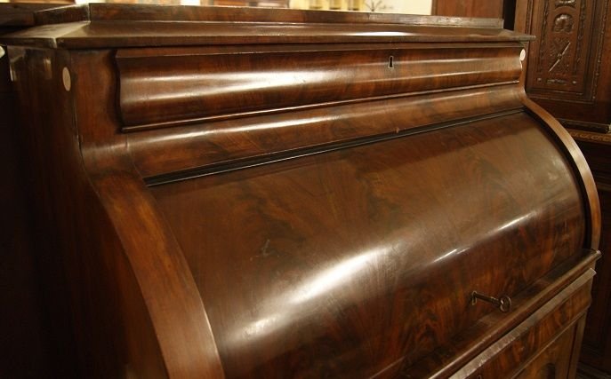 Comò a rullo Nord Europa, della prima metà del 1800, stile Biedermeier in mogano e piuma di mog-photo-2
