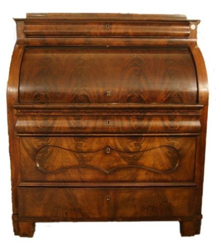 Comò a rullo Nord Europa, della prima metà del 1800, stile Biedermeier in mogano e piuma di mog