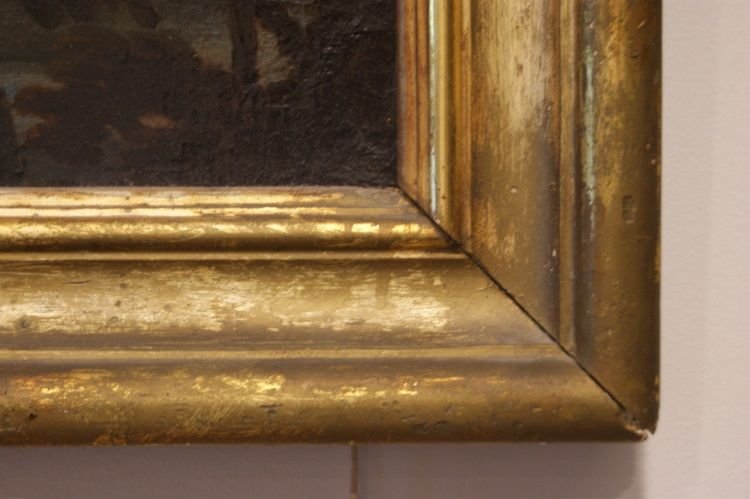 Antico olio su tela italiano del 1600 raffigurante 3 angeli cherubini che sospesi per aria, sor-photo-4