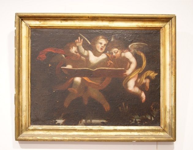 Antico olio su tela italiano del 1600 raffigurante 3 angeli cherubini che sospesi per aria, sor