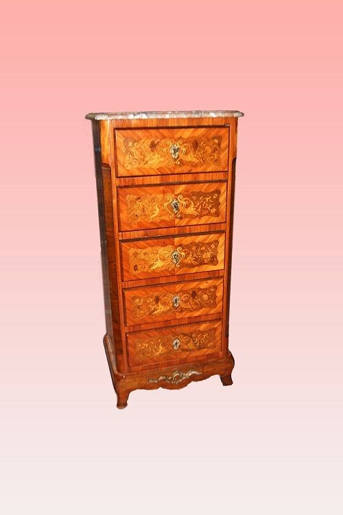 Cinquino francese di metà del 1800, stile Transizione, in legno bois de rose