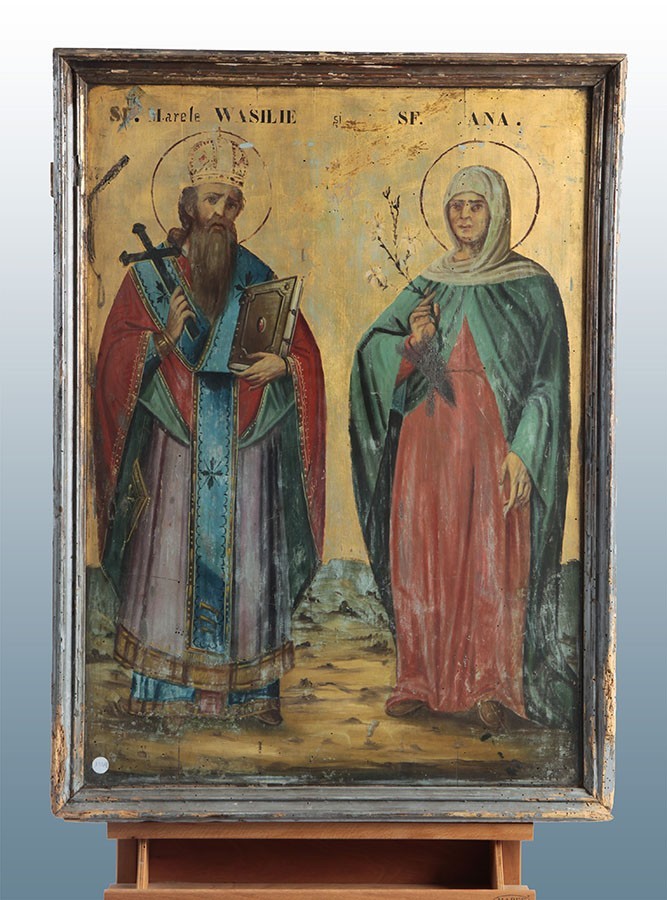 Grande icona lacca russa di inizio 1800 raffigurante San Basilio e Sant'Anna