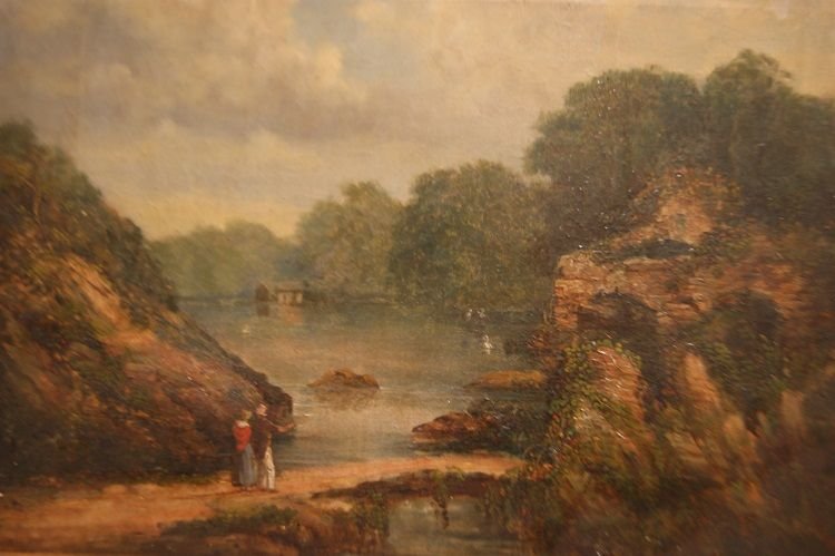 Olio su tela inglese di metà 1800 raffigurante paesaggio campestre con personaggi e corso d'acq-photo-2