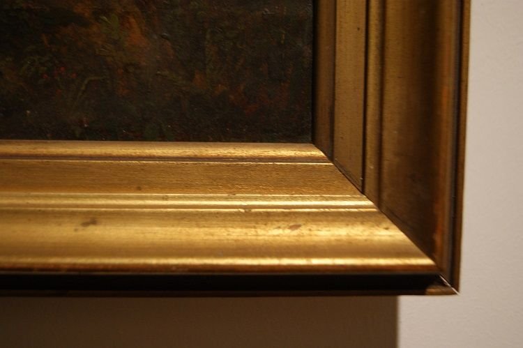 Olio su tela inglese di metà 1800 raffigurante paesaggio campestre con personaggi e corso d'acq-photo-3