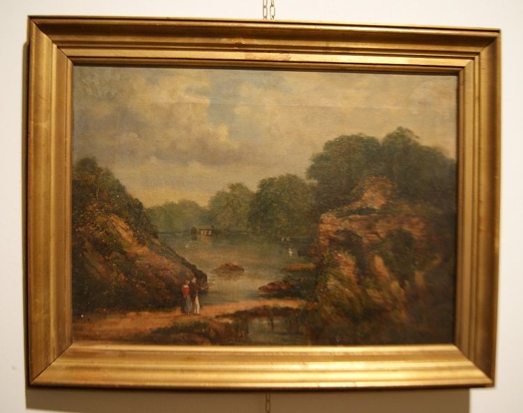Olio su tela inglese di metà 1800 raffigurante paesaggio campestre con personaggi e corso d'acq