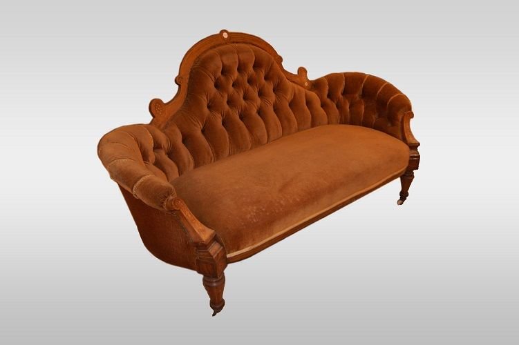 Divano inglese di metà 1800, stile Vittoriano, in legno di noce e radica di noce-photo-2