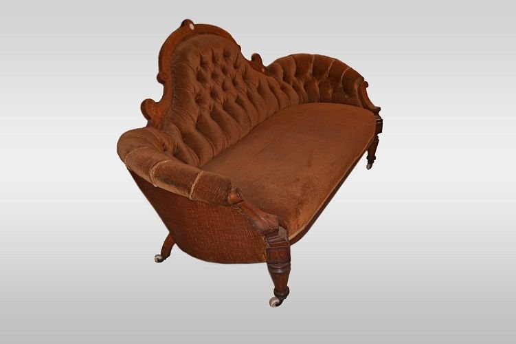 Divano inglese di metà 1800, stile Vittoriano, in legno di noce e radica di noce-photo-3