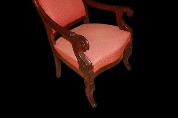 Coppia di poltrone francese di metà 1800, stile Direttorio, in legno di mogano e piuma di mogan-photo-4
