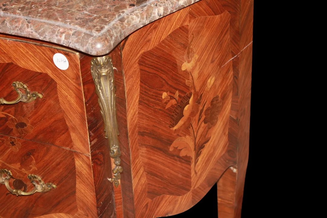Comoncino francese di fine 1800 inizio 1900, stile Luigi XV, in legno di bois de rose-photo-4