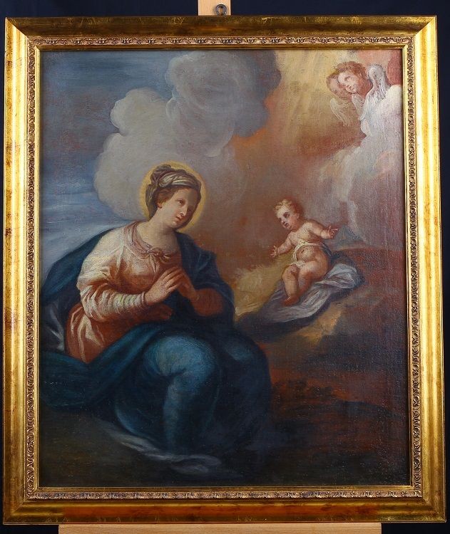 Olio su tela italiano di inizio 1700, ritelato, raffigurante "Adorazione"