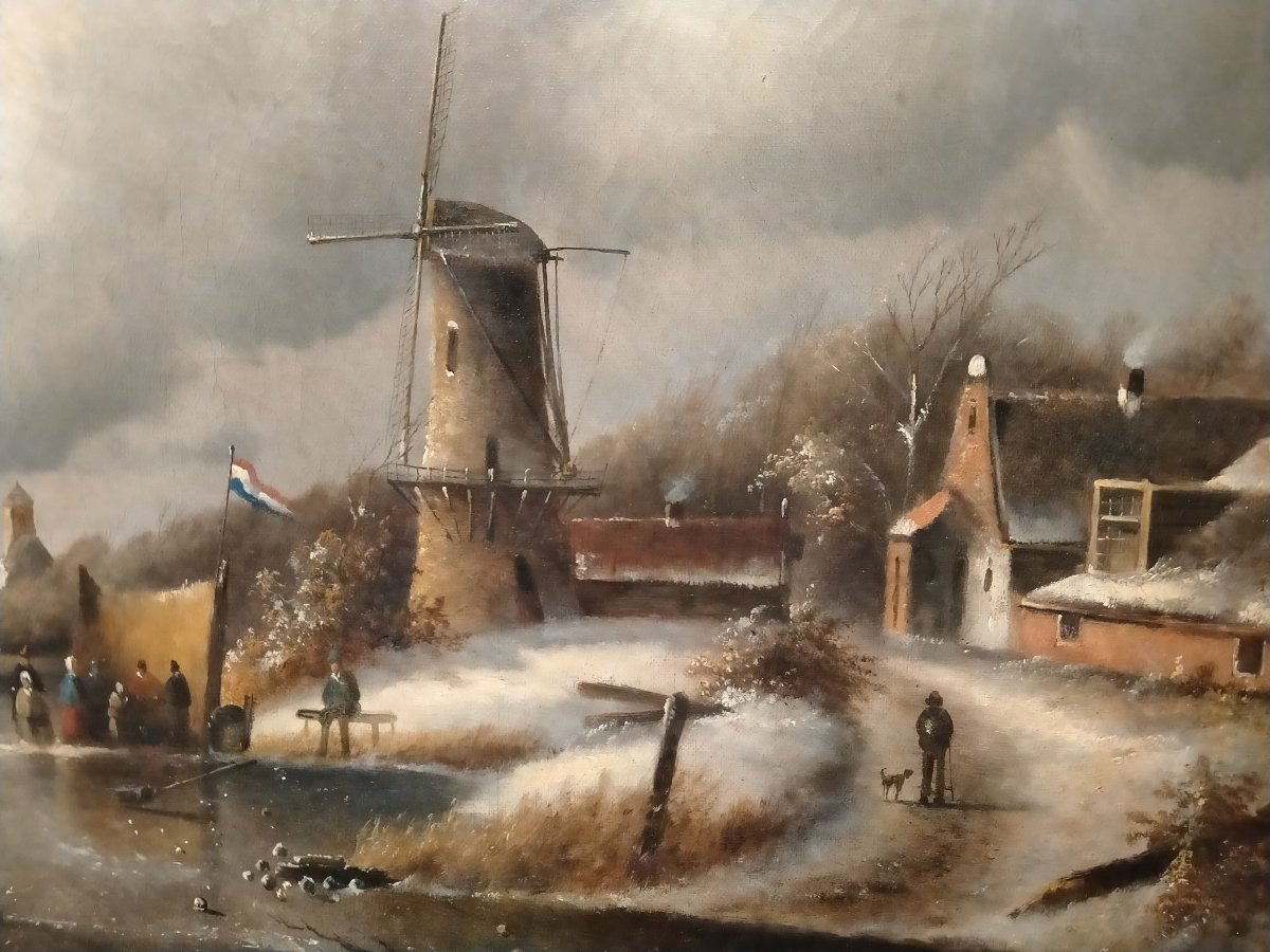 Olio su tela raffigurante paesaggio con fiume arricchito da personaggi su patti ni e slitte-photo-3