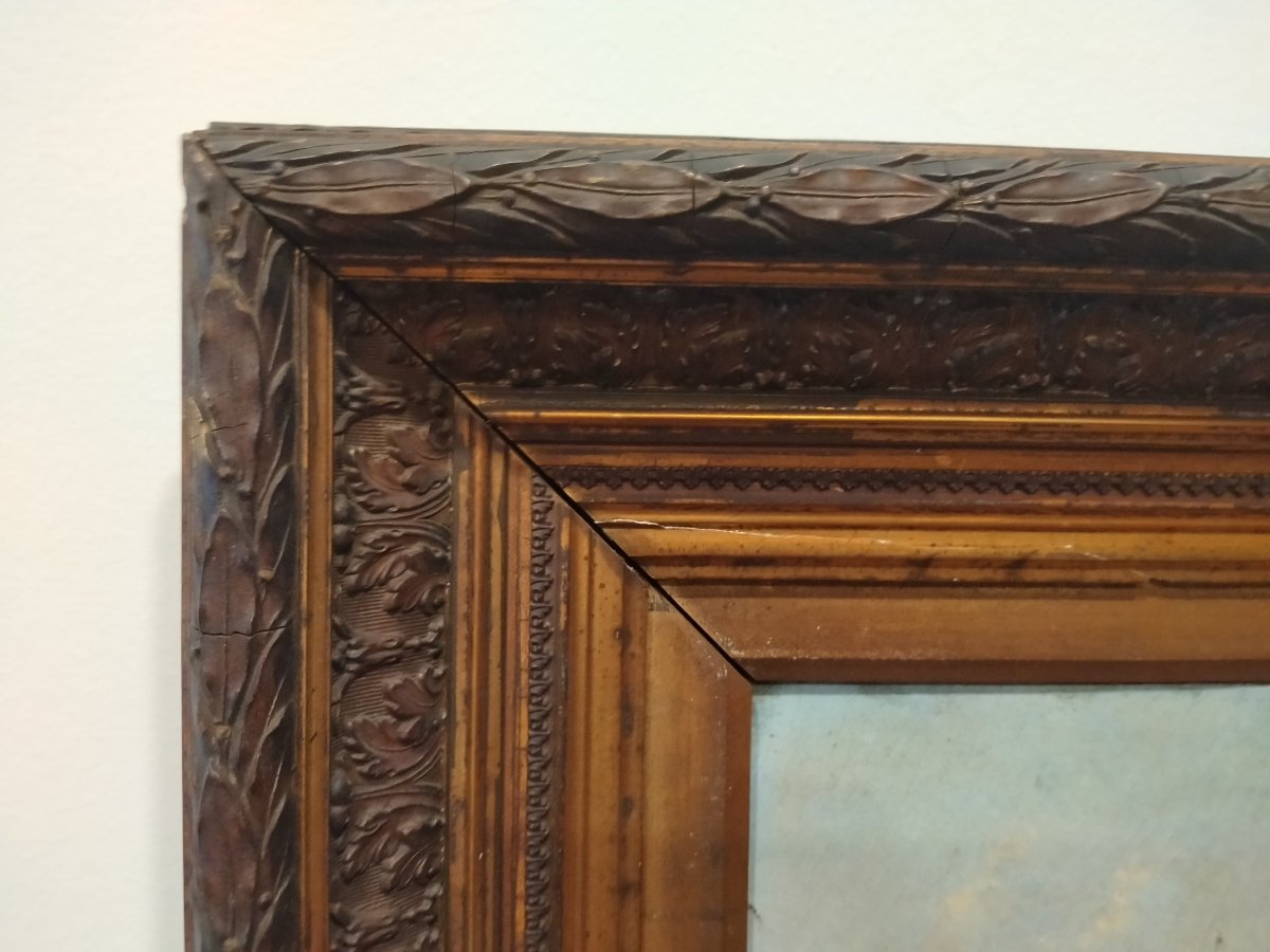 Olio su tela raffigurante paesaggio con fiume arricchito da personaggi su patti ni e slitte-photo-2