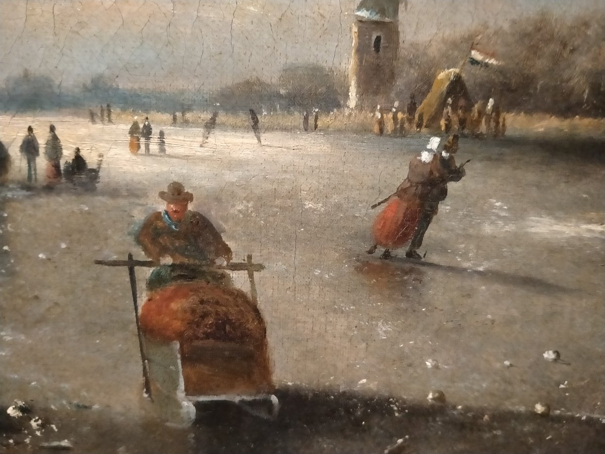 Olio su tela raffigurante paesaggio con fiume arricchito da personaggi su patti ni e slitte-photo-3