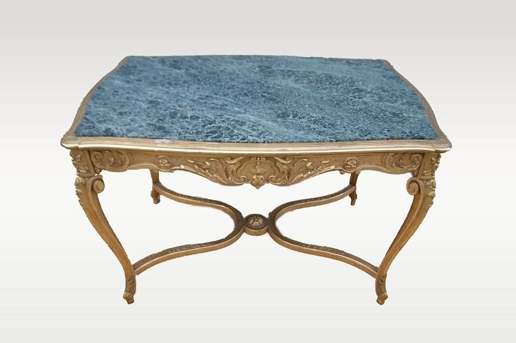 Tavolo da salotto francese della seconda metà del 1800, stile Luigi XV, in legno dorato foglia -photo-2