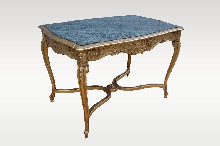Tavolo da salotto francese della seconda metà del 1800, stile Luigi XV, in legno dorato foglia -photo-3