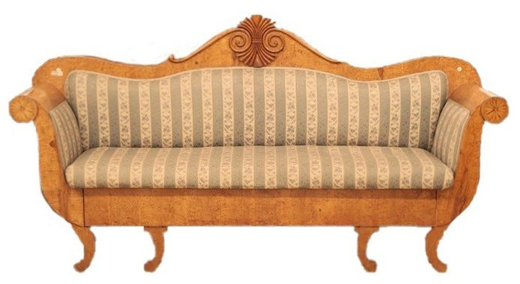 Divano russo della prima metà del 1800, stile Biedermeier, in legno di Betulla