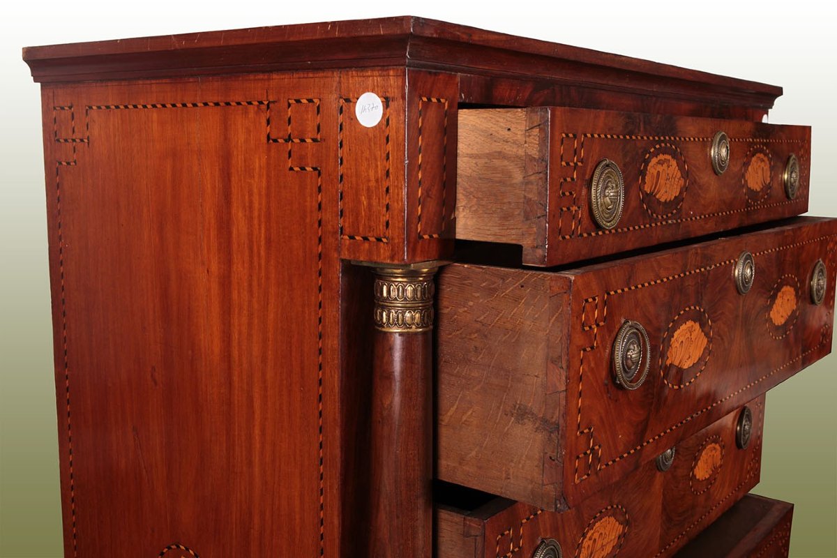 Empire chest of drawers with six drawers, in mahogany feather with Dutch inlays from the first -photo-3