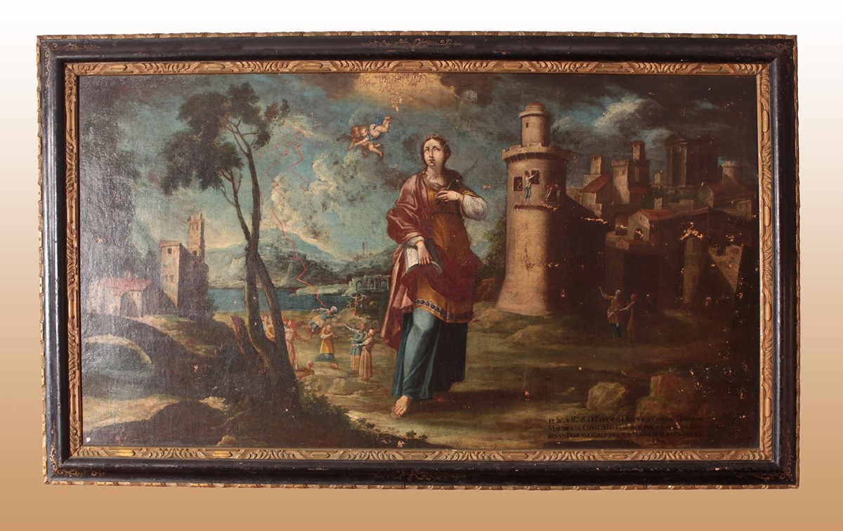Grande tela raffigurante S.Barbara di provenienza spagnola, epoca 1760. Dimensioni cm 223 x 132