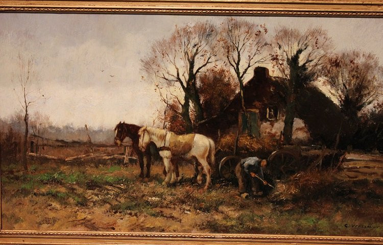 Olio su tela di inizio 1900 firmato Cor Bouter 1888-1966 (C.Verschuur) raffigurante scena campe-photo-2