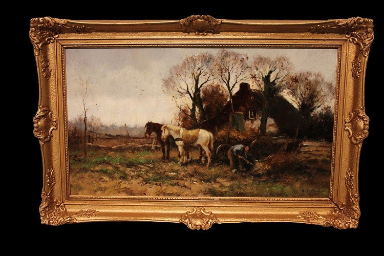 Olio su tela di inizio 1900 firmato Cor Bouter 1888-1966 (C.Verschuur) raffigurante scena campe