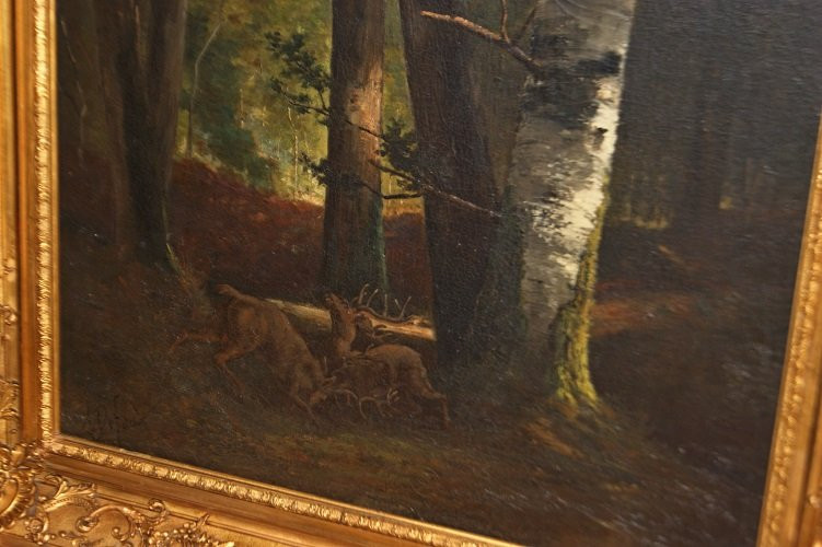 Bellissimo olio su tele francese della seconda metà del 1800, raffigurante Bosco con coppia-photo-4