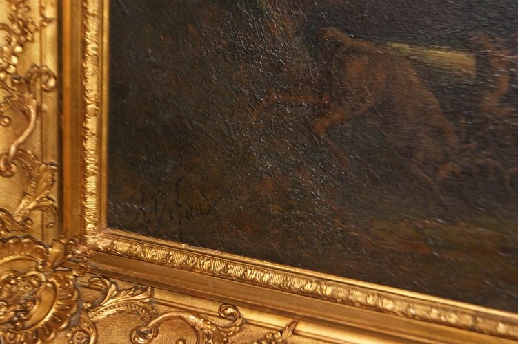 Bellissimo olio su tele francese della seconda metà del 1800, raffigurante Bosco con coppia-photo-1