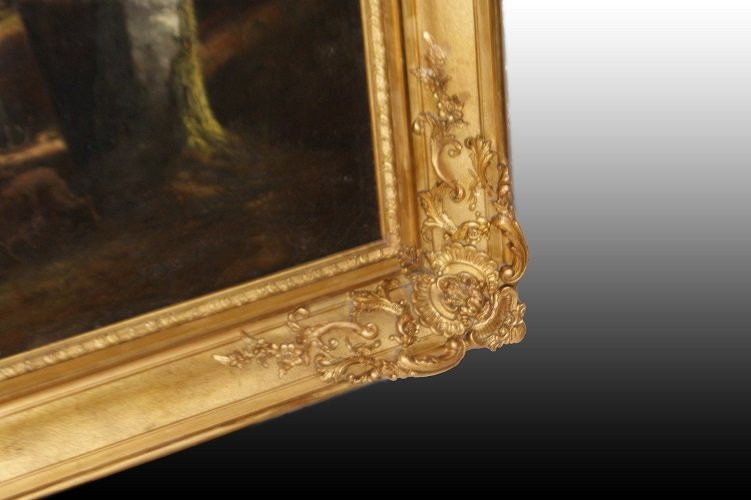Bellissimo olio su tele francese della seconda metà del 1800, raffigurante Bosco con coppia-photo-2