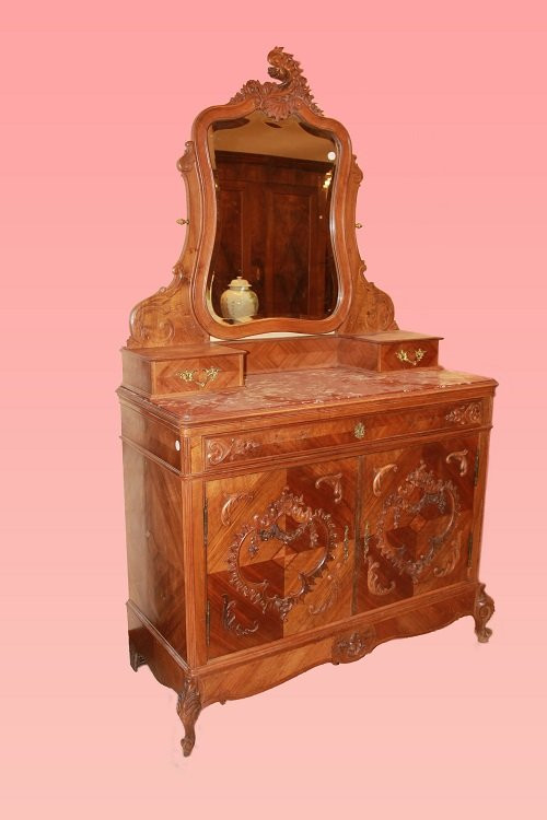 Credenza francese con specchiera di fine 1800 inizio 1900, stile Luigi Filippo, in legno di noc-photo-1