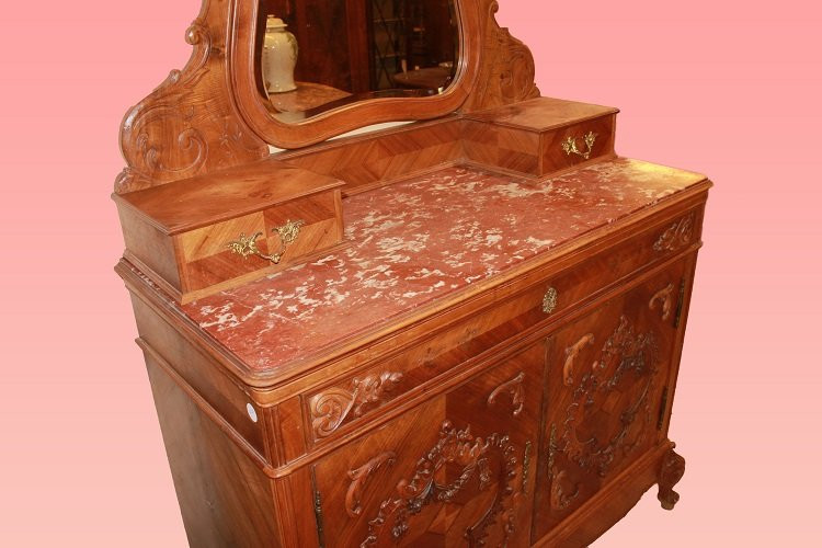 Credenza francese con specchiera di fine 1800 inizio 1900, stile Luigi Filippo, in legno di noc-photo-2