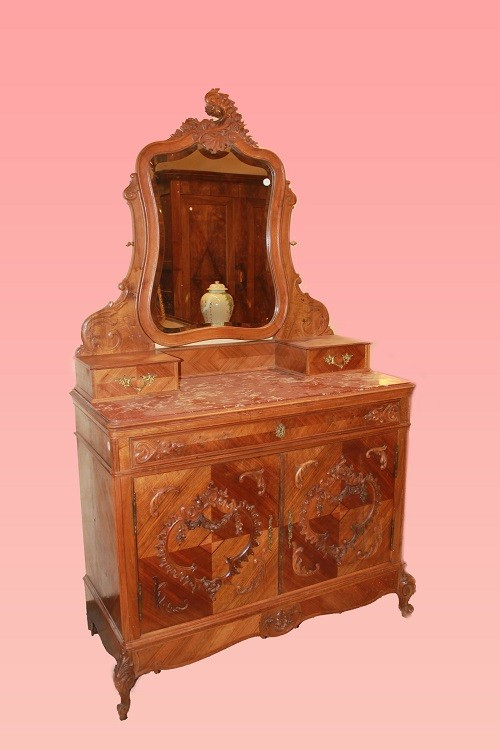 Credenza francese con specchiera di fine 1800 inizio 1900, stile Luigi Filippo, in legno di noc