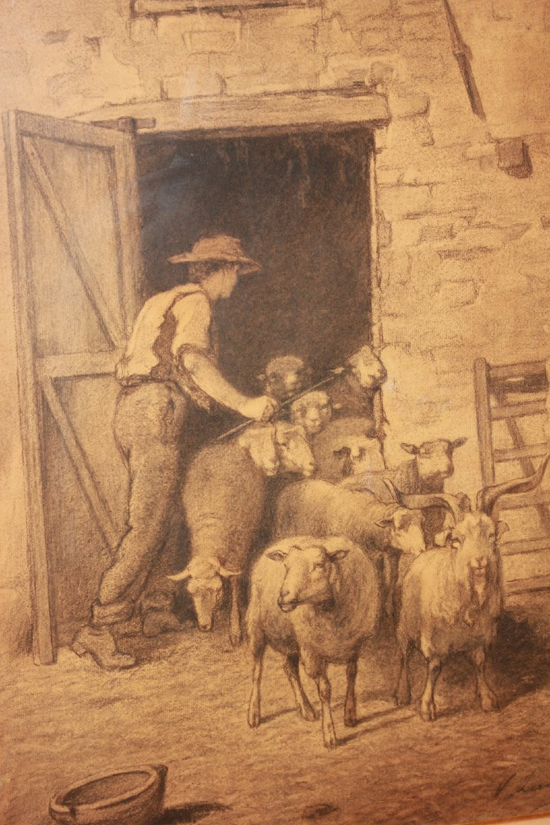 Pastello Francese del 1800 Raffigurante Scena Di Vita campestre Pastore con Gregge-photo-2