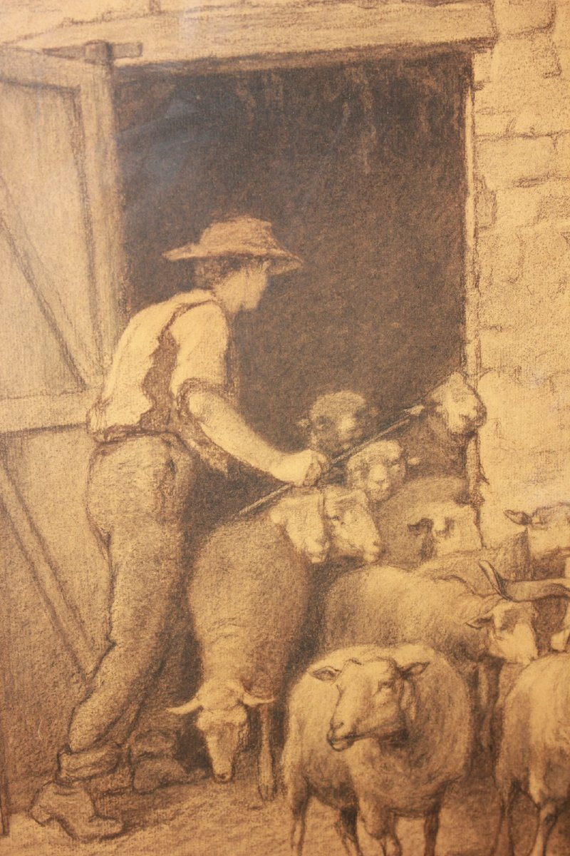 Pastello Francese del 1800 Raffigurante Scena Di Vita campestre Pastore con Gregge-photo-3